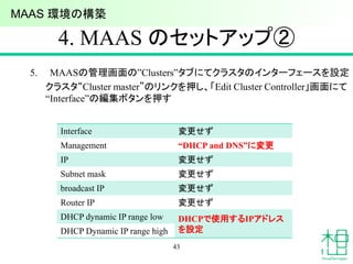 4. MAAS のセットアップ②
5. MAASの管理画面の”Clusters”タブにてクラスタのインターフェースを設定
クラスタ“Cluster master”のリンクを押し、「Edit Cluster Controller」画面にて
“Interface”の編集ボタンを押す
43
MAAS 環境の構築
Interface 変更せず
Management “DHCP and DNS”に変更
IP 変更せず
Subnet mask 変更せず
broadcast IP 変更せず
Router IP 変更せず
DHCP dynamic IP range low DHCPで使用するIPアドレス
を設定DHCP Dynamic IP range high
 