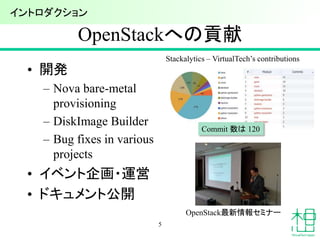 OpenStackへの貢献
• 開発
– Nova bare-metal
provisioning
– DiskImage Builder
– Bug fixes in various
projects
• イベント企画・運営
• ドキュメント公開
5
Stackalytics – VirtualTech’s contributions
Commit 数は 120
OpenStack最新情報セミナー
イントロダクション
 