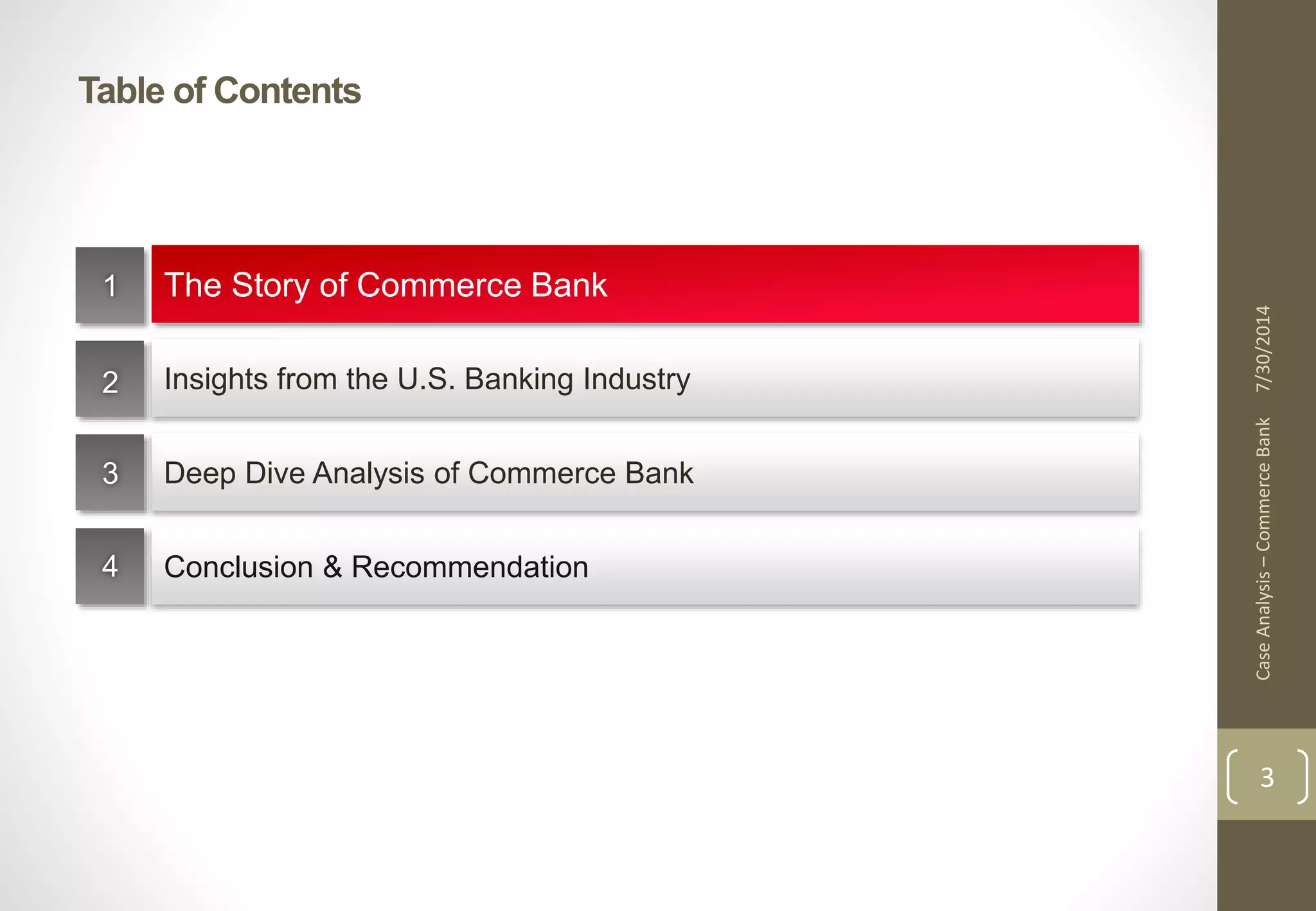 Table of Contents 
7/30/2014 
3 
The Story of Commerce Bank 
Insights from the U.S. Banking Industry 
Deep Dive Analysis of Commerce Bank 
Conclusion & Recommendation 
1 
2 
3 
4 
Case Analysis – Commerce Bank 
 