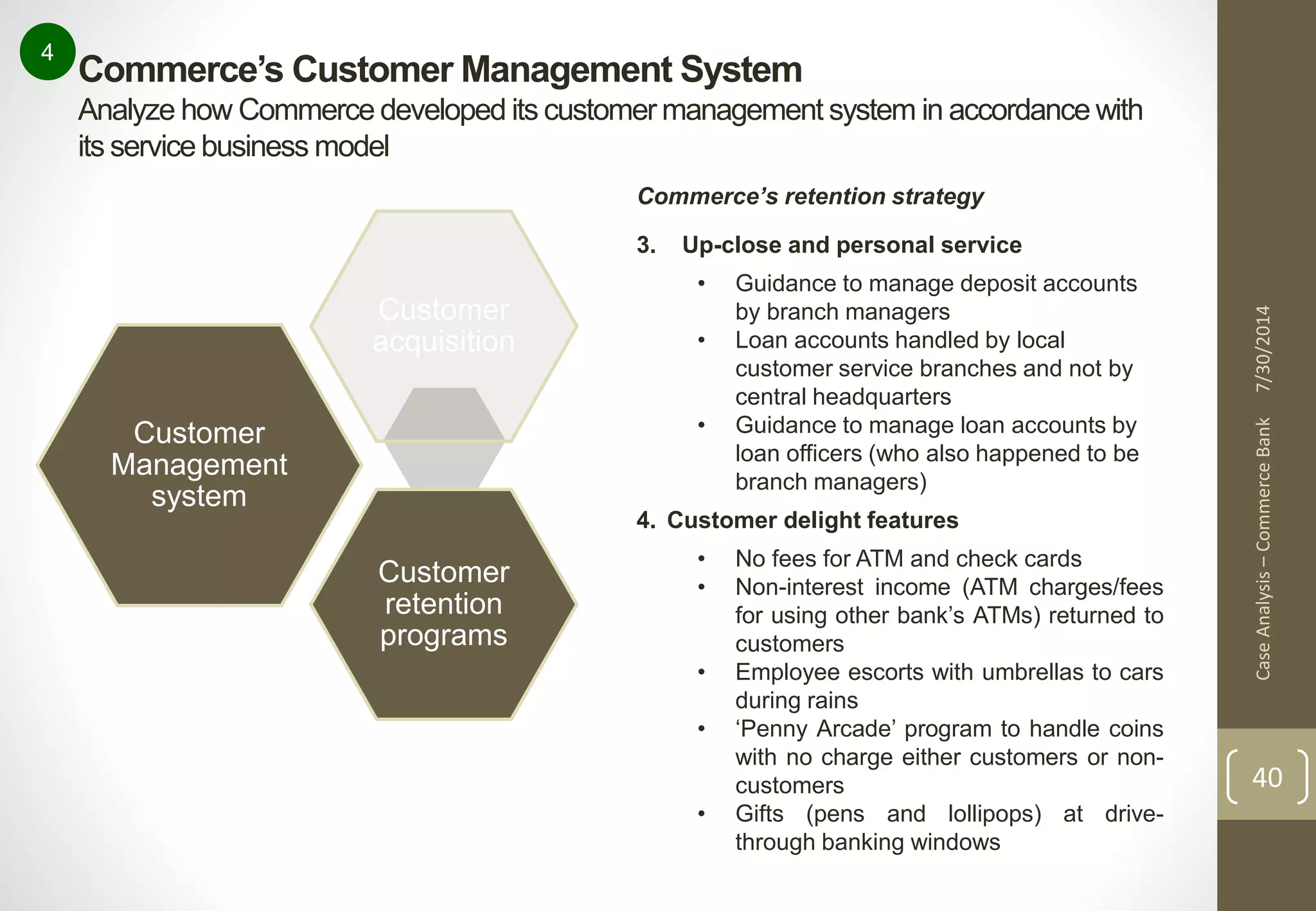 Case Analysis – Commerce Bank 7/30/2014 
40 
4 
Commerce’s Customer Management System 
Analyze how Commerce developed its customer management system in accordance with 
its service business model 
Customer 
Management 
system 
Customer 
acquisition 
Customer 
retention 
programs 
Commerce’s retention strategy 
3. Up-close and personal service 
• Guidance to manage deposit accounts 
by branch managers 
• Loan accounts handled by local 
customer service branches and not by 
central headquarters 
• Guidance to manage loan accounts by 
loan officers (who also happened to be 
branch managers) 
4. Customer delight features 
• No fees for ATM and check cards 
• Non-interest income (ATM charges/fees 
for using other bank’s ATMs) returned to 
customers 
• Employee escorts with umbrellas to cars 
during rains 
• ‘Penny Arcade’ program to handle coins 
with no charge either customers or non-customers 
• Gifts (pens and lollipops) at drive-through 
banking windows 
 