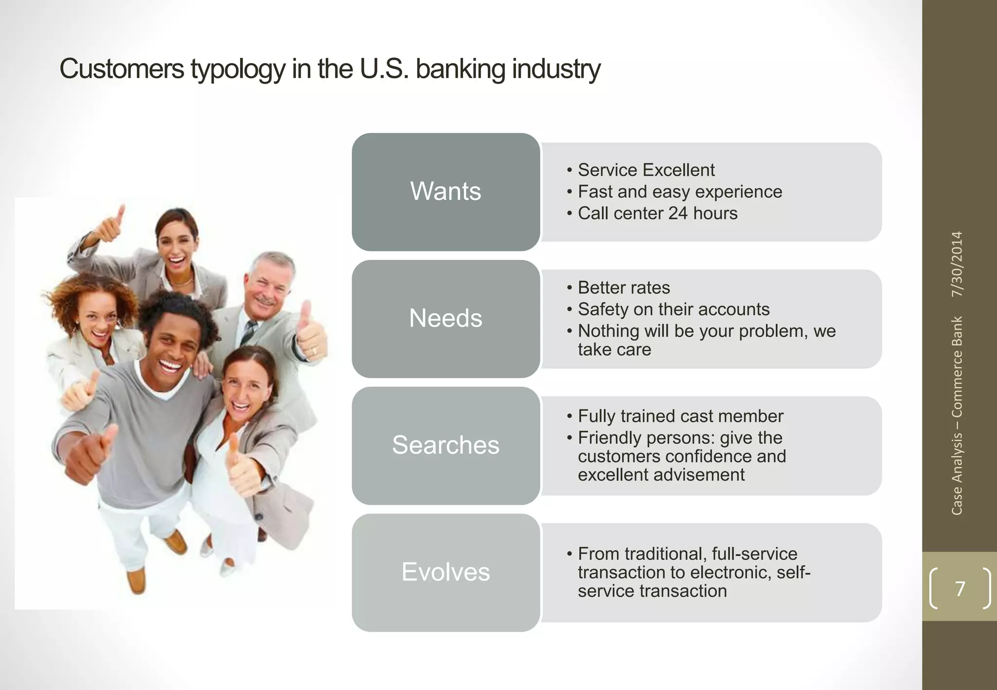 Customers typology in the U.S. banking industry 
Case Analysis – Commerce Bank 7/30/2014 
7 
• Service Excellent 
• Fast and easy experience 
• Call center 24 hours 
Wants 
• Better rates 
• Safety on their accounts 
• Nothing will be your problem, we 
take care 
Needs 
• Fully trained cast member 
• Friendly persons: give the 
customers confidence and 
excellent advisement 
Searches 
• From traditional, full-service 
transaction to electronic, self-service 
transaction 
Evolves 
 
