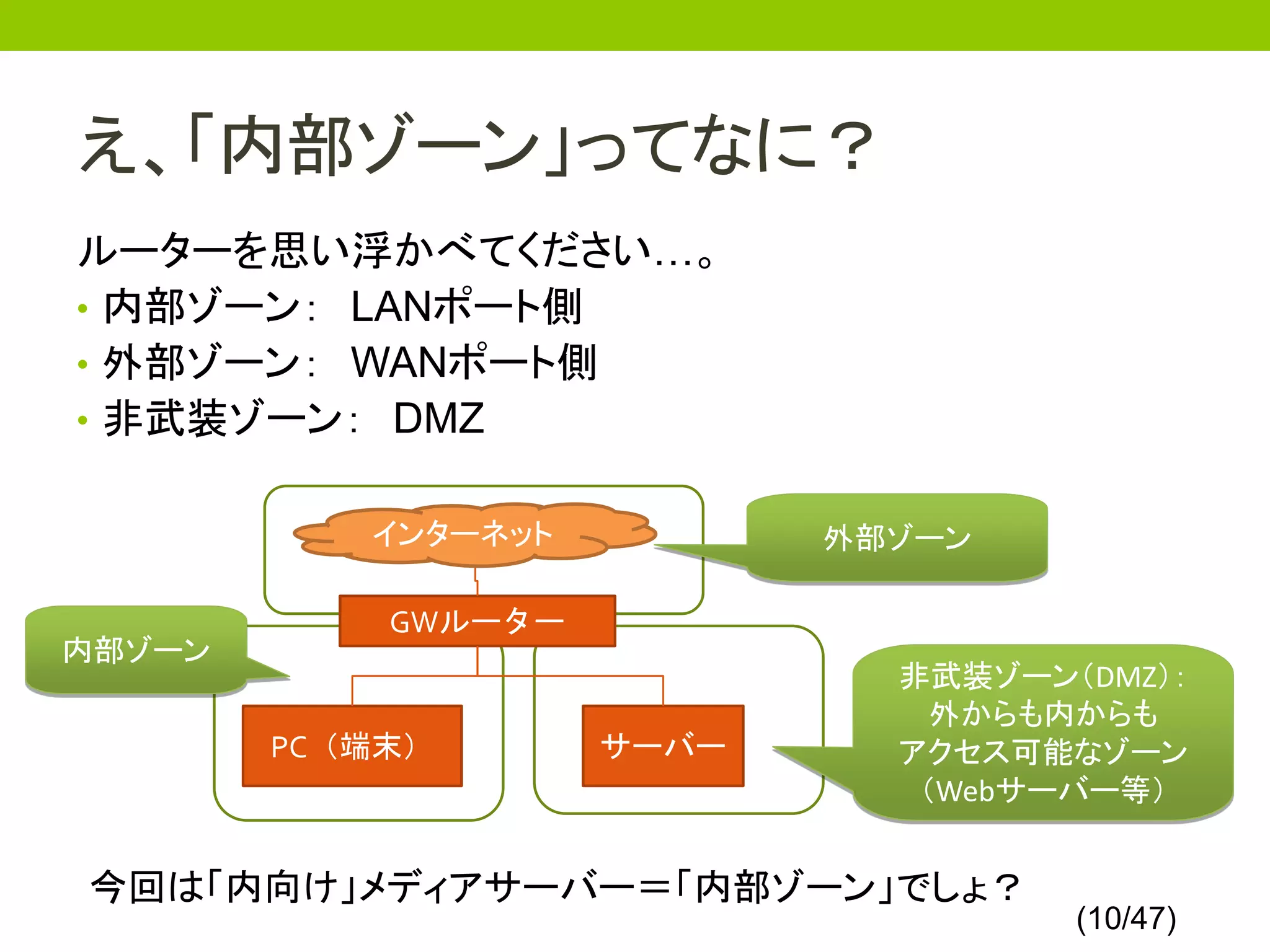 え、「内部ゾーン」ってなに？
ルーターを思い浮かべてください…。
• 内部ゾーン： LANポート側
• 外部ゾーン： WANポート側
• 非武装ゾーン： DMZ


           インターネット          外部ゾーン

            GWルーター
内部ゾーン
                              非武装ゾーン（DMZ）：
                                外からも内からも
        PC（端末）       サーバー     アクセス可能なゾーン
                               （Webサーバー等）


今回は「内向け」メディアサーバー＝「内部ゾーン」でしょ？
                                     (10/47)
 