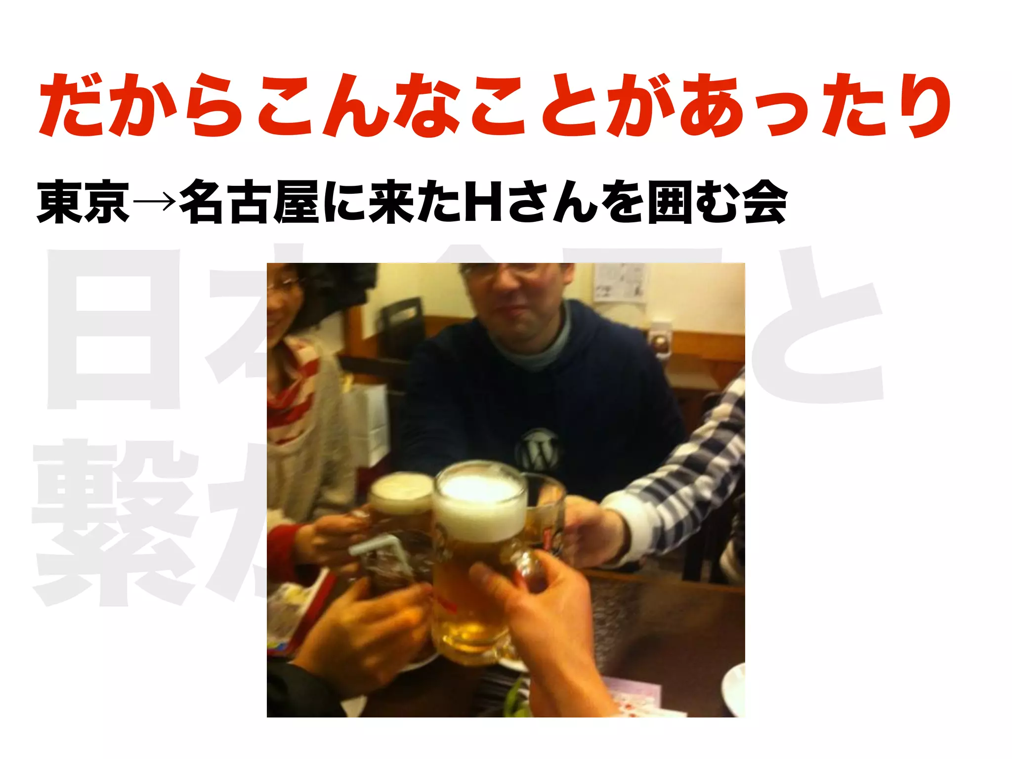 だからこんなことがあったり
東京→名古屋に来たHさんを囲む会


日本全国と
繋がる。
 