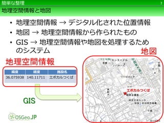 地理空間情報と地図
• 地理空間情報 → デジタル化された位置情報
• 地図 → 地理空間情報から作られたもの
• GIS → 地理空間情報や地図を処理するため
のシステム
7簡単な整理
緯度 経度 施設名
36.075938 140.11711 エポカルつくば
地理空間情報
地図
GIS
 