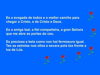 Es a avogada de todos e o mellor camiño para
chegar a Cristo, e de Cristo a Deus.

Es a amiga leal, a fiel compañeira, a gran Señora
que me abre as portas do ceo.

Es preciosa e bela como non hai fermosura igual.
Tes as estrelas nos ollos e esvara pola túa fronte a
luz da Lúa.
 