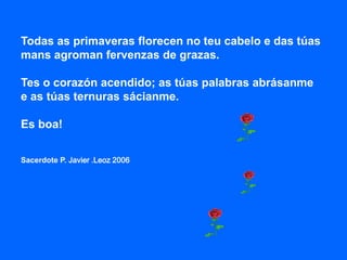 Todas as primaveras florecen no teu cabelo e das túas
mans agroman fervenzas de grazas.

Tes o corazón acendido; as túas palabras abrásanme
e as túas ternuras sácianme.

Es boa!


Sacerdote P. Javier .Leoz 2006
 