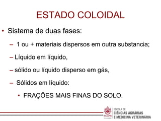 Escola de
Negócios
ESTADO COLOIDAL
• Sistema de duas fases:
– 1 ou + materiais dispersos em outra substancia;
– Líquido em líquido,
– sólido ou líquido disperso em gás,
– Sólidos em líquido:
• FRAÇÕES MAIS FINAS DO SOLO.
 