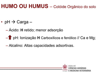 Escola de
Negócios
• pH  Carga –
– Ácido: H retido; menor adsorção
– pH: Ionização H Carboxílicos e fenólico // Ca e Mg;
– Alcalino: Altas capacidades adsortivas.
HUMO OU HUMUS – Colóide Orgânico do solo
 