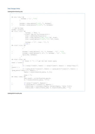 View Changes Online
catalog/admin/backup.php
@@ -63,7 +63,7 @@
$schema .= ',' . ;"n"
}
- $schema = ereg_replace( , '', $schema);",n$"
+ $schema = preg_replace( , '', $schema);"/,n$/"
// add the keys
$index = array();
@@ -111,7 +111,7 @@
$schema .= 'NULL, ';
} elseif (tep_not_null($rows[$i])) {
$row = addslashes($rows[$i]);
- $row = ereg_replace( , .'#', $row);"n#" "n"
+ $row = preg_replace( , .'#', $row);"/n#/" "n"
$schema .= ''' . $row . '', ';
} {else
@@ -119,7 +119,7 @@
}
}
- $schema = ereg_replace(', $', '', $schema) . ');' . ;"n"
+ $schema = preg_replace('/, $/', '', $schema) . ');' . ;"n"
fputs($fp, $schema);
}
}
@@ -239,7 +239,7 @@
($next == '') {if // get the last insert query
$next = 'insert';
}
- ( (eregi('create', $next)) || (eregi('insert', $next)) || (eregi('drop t',if
$next)) ) {
+ ( (preg_match('/create/i', $next)) || (preg_match('/insert/i', $next)) ||if
(preg_match('/drop t/i', $next)) ) {
$query = substr($restore_query, 0, $i);
$next = '';
@@ -248,7 +248,7 @@
$sql_length = strlen($restore_query);
$i = strpos($restore_query, ';')-1;
- (eregi('^create*', $query)) {if
+ (preg_match('/^create*/i', $query)) {if
$table_name = trim(substr($query, stripos($query, 'table ')+6));
$table_name = substr($table_name, 0, strpos($table_name, ' '));
catalog/admin/cache.php
 