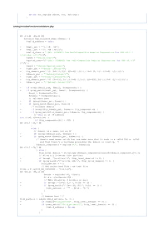str_replace($from, $to, $string);return
}
catalog/includes/functions/validations.php
@@ -43,22 +43,22 @@
function tep_validate_email($email) {
$valid_address = ;true
- $mail_pat = '^(.+)@(.+)$';
+ $mail_pat = '/^(.+)@(.+)$/i';
$valid_chars = "[(AC) (COMPAT) Use Perl-Compatible Regular Expressions PHP v5.3^]for
[]";()<>@,;:."
$atom = ;"$valid_chars+"
$quoted_user='("[(AC) (COMPAT) Use Perl-Compatible Regular Expressions PHP v5.3^"for
]*")';
$word = ;"($atom|$quoted_user)"
- $user_pat = ;"^$word(.$word)*$"
- $ip_domain_pat='^[([0-9]{1,3}).([0-9]{1,3}).([0-9]{1,3}).([0-9]{1,3})]$';
- $domain_pat = ;"^$atom(.$atom)*$"
+ $user_pat = ;"/^$word(.$word)*$/i"
+ $ip_domain_pat='/^[([0-9]{1,3}).([0-9]{1,3}).([0-9]{1,3}).([0-9]{1,3})]$/i';
+ $domain_pat = ;"/^$atom(.$atom)*$/i"
- (eregi($mail_pat, $email, $components)) {if
+ (preg_match($mail_pat, $email, $components)) {if
$user = $components[1];
$domain = $components[2];
// validate user
- (eregi($user_pat, $user)) {if
+ (preg_match($user_pat, $user)) {if
// validate domain
- (eregi($ip_domain_pat, $domain, $ip_components)) {if
+ (preg_match($ip_domain_pat, $domain, $ip_components)) {if
// is an IP addressthis
($i=1;$i<=4;$i++) {for
($ip_components[$i] > 255) {if
@@ -69,7 +69,7 @@
}
{else
// Domain is a name, not an IP
- (eregi($domain_pat, $domain)) {if
+ (preg_match($domain_pat, $domain)) {if
/* domain name seems valid, but now make sure that it ends in a valid TLD or ccTLD
and that there's a hostname preceding the domain or country. */
$domain_components = explode( , $domain);"."
@@ -79,7 +79,7 @@
} {else
$top_level_domain = strtolower($domain_components[sizeof($domain_components)-1]);
// Allow all 2-letter TLDs (ccTLDs)
- (eregi('^[a-z][a-z]$', $top_level_domain) != 1) {if
+ (preg_match('/^[a-z][a-z]$/i', $top_level_domain) != 1) {if
$tld_pattern = '';
// Get authorized TLDs from text file
$tlds = file(DIR_WS_INCLUDES . 'tld.txt');
@@ -88,13 +88,13 @@
$words = explode('#', $line);
$tld = trim($words[0]);
// TLDs should be 3 letters or more
- (eregi('^[a-z]{3,}$', $tld) == 1) {if
+ (preg_match('/^[a-z]{3,}$/i', $tld) == 1) {if
$tld_pattern .= '^' . $tld . '$|';
}
}
// Remove last '|'
$tld_pattern = substr($tld_pattern, 0, -1);
- (eregi( , $top_level_domain) == 0) {if "$tld_pattern"
+ (preg_match( , $top_level_domain) == 0) {if "/$tld_pattern/i"
$valid_address = ;false
}
}
 