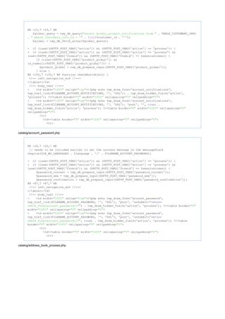 @@ -23,7 +23,7 @@
$global_query = tep_db_query( . TABLE_CUSTOMERS_INFO"select global_product_notifications from "
. . ( )$customer_id . );" where customers_info_id = '" int "'"
$global = tep_db_fetch_array($global_query);
- (isset($HTTP_POST_VARS['action']) && ($HTTP_POST_VARS['action'] == 'process')) {if
+ (isset($HTTP_POST_VARS['action']) && ($HTTP_POST_VARS['action'] == 'process') &&if
isset($HTTP_POST_VARS['formid']) && ($HTTP_POST_VARS['formid'] == $sessiontoken)) {
(isset($HTTP_POST_VARS['product_global']) &&if
is_numeric($HTTP_POST_VARS['product_global'])) {
$product_global = tep_db_prepare_input($HTTP_POST_VARS['product_global']);
} {else
@@ -105,7 +105,7 @@ function checkBox(object) {
<!-- left_navigation_eof //-->
</table></td>
<!-- body_text //-->
- <td width= valign= ><?php echo tep_draw_form('account_notifications',"100%" "top"
tep_href_link(FILENAME_ACCOUNT_NOTIFICATIONS, '', 'SSL')) . tep_draw_hidden_field('action',
'process'); ?><table border= width= cellspacing= cellpadding= >"0" "100%" "0" "0"
+ <td width= valign= ><?php echo tep_draw_form('account_notifications',"100%" "top"
tep_href_link(FILENAME_ACCOUNT_NOTIFICATIONS, '', 'SSL'), 'post', '', ) .true
tep_draw_hidden_field('action', 'process'); ?><table border= width= cellspacing="0" "100%" "0"
cellpadding= >"0"
<tr>
<td><table border= width= cellspacing= cellpadding= >"0" "100%" "0" "0"
<tr>
catalog/account_password.php
@@ -20,7 +20,7 @@
// needs to be included earlier to set the success message in the messageStack
require(DIR_WS_LANGUAGES . $language . '/' . FILENAME_ACCOUNT_PASSWORD);
- (isset($HTTP_POST_VARS['action']) && ($HTTP_POST_VARS['action'] == 'process')) {if
+ (isset($HTTP_POST_VARS['action']) && ($HTTP_POST_VARS['action'] == 'process') &&if
isset($HTTP_POST_VARS['formid']) && ($HTTP_POST_VARS['formid'] == $sessiontoken)) {
$password_current = tep_db_prepare_input($HTTP_POST_VARS['password_current']);
$password_new = tep_db_prepare_input($HTTP_POST_VARS['password_new']);
$password_confirmation = tep_db_prepare_input($HTTP_POST_VARS['password_confirmation']);
@@ -87,7 +87,7 @@
<!-- left_navigation_eof //-->
</table></td>
<!-- body_text //-->
- <td width= valign= ><?php echo tep_draw_form('account_password',"100%" "top"
tep_href_link(FILENAME_ACCOUNT_PASSWORD, '', 'SSL'), 'post', 'onSubmit="return
') . tep_draw_hidden_field('action', 'process'); ?><table border=check_form(account_password);" "0"
width= cellspacing= cellpadding= >"100%" "0" "0"
+ <td width= valign= ><?php echo tep_draw_form('account_password',"100%" "top"
tep_href_link(FILENAME_ACCOUNT_PASSWORD, '', 'SSL'), 'post', 'onSubmit="return
', ) . tep_draw_hidden_field('action', 'process'); ?><tablecheck_form(account_password);" true
border= width= cellspacing= cellpadding= >"0" "100%" "0" "0"
<tr>
<td><table border= width= cellspacing= cellpadding= >"0" "100%" "0" "0"
<tr>
catalog/address_book_process.php
 