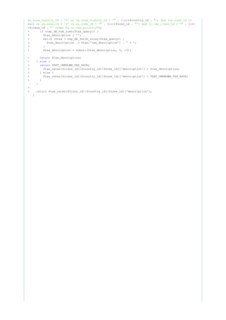 . ( )$country_id .za.zone_country_id = '0' or za.zone_country_id = '" int "') and (za.zone_id is
. ( )$zone_id . . (or za.zone_id = '0' or za.zone_id = '"null int "') and tr.tax_class_id = '" int
)$class_id . );"' order by tr.tax_priority"
+ (tep_db_num_rows($tax_query)) {if
+ $tax_description = '';
+ ($tax = tep_db_fetch_array($tax_query)) {while
+ $tax_description .= $tax['tax_description'] . ' + ';
+ }
+ $tax_description = substr($tax_description, 0, -3);
- $tax_description;return
- } {else
- TEXT_UNKNOWN_TAX_RATE;return
+ $tax_rates[$class_id][$country_id][$zone_id]['description'] = $tax_description;
+ } {else
+ $tax_rates[$class_id][$country_id][$zone_id]['description'] = TEXT_UNKNOWN_TAX_RATE;
+ }
}
+
+ $tax_rates[$class_id][$country_id][$zone_id]['description'];return
}
 
