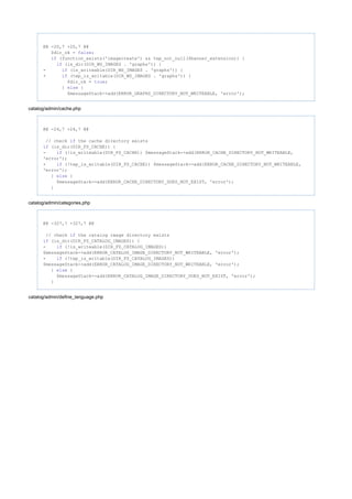 @@ -20,7 +20,7 @@
$dir_ok = ;false
(function_exists('imagecreate') && tep_not_null($banner_extension)) {if
(is_dir(DIR_WS_IMAGES . 'graphs')) {if
- (is_writeable(DIR_WS_IMAGES . 'graphs')) {if
+ (tep_is_writable(DIR_WS_IMAGES . 'graphs')) {if
$dir_ok = ;true
} {else
$messageStack->add(ERROR_GRAPHS_DIRECTORY_NOT_WRITEABLE, 'error');
catalog/admin/cache.php
@@ -24,7 +24,7 @@
// check the cache directory existsif
(is_dir(DIR_FS_CACHE)) {if
- (!is_writeable(DIR_FS_CACHE)) $messageStack->add(ERROR_CACHE_DIRECTORY_NOT_WRITEABLE,if
'error');
+ (!tep_is_writable(DIR_FS_CACHE)) $messageStack->add(ERROR_CACHE_DIRECTORY_NOT_WRITEABLE,if
'error');
} {else
$messageStack->add(ERROR_CACHE_DIRECTORY_DOES_NOT_EXIST, 'error');
}
catalog/admin/categories.php
@@ -327,7 +327,7 @@
// check the catalog image directory existsif
(is_dir(DIR_FS_CATALOG_IMAGES)) {if
- (!is_writeable(DIR_FS_CATALOG_IMAGES))if
$messageStack->add(ERROR_CATALOG_IMAGE_DIRECTORY_NOT_WRITEABLE, 'error');
+ (!tep_is_writable(DIR_FS_CATALOG_IMAGES))if
$messageStack->add(ERROR_CATALOG_IMAGE_DIRECTORY_NOT_WRITEABLE, 'error');
} {else
$messageStack->add(ERROR_CATALOG_IMAGE_DIRECTORY_DOES_NOT_EXIST, 'error');
}
catalog/admin/define_language.php
 