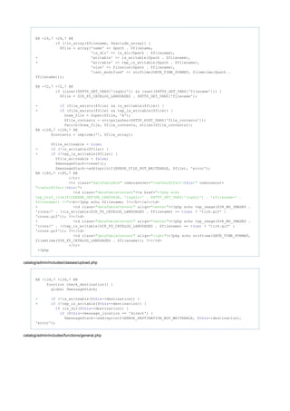 @@ -24,7 +24,7 @@
(!in_array($filename, $exclude_array)) {if
$file = array('name' => $path . $filename,
'is_dir' => is_dir($path . $filename),
- 'writable' => is_writable($path . $filename),
+ 'writable' => tep_is_writable($path . $filename),
'size' => filesize($path . $filename),
'last_modified' => strftime(DATE_TIME_FORMAT, filemtime($path .
$filename)));
@@ -72,7 +72,7 @@
(isset($HTTP_GET_VARS['lngdir']) && isset($HTTP_GET_VARS['filename'])) {if
$file = DIR_FS_CATALOG_LANGUAGES . $HTTP_GET_VARS['filename'];
- (file_exists($file) && is_writable($file)) {if
+ (file_exists($file) && tep_is_writable($file)) {if
$new_file = fopen($file, 'w');
$file_contents = stripslashes($HTTP_POST_VARS['file_contents']);
fwrite($new_file, $file_contents, strlen($file_contents));
@@ -128,7 +128,7 @@
$contents = implode('', $file_array);
$file_writeable = ;true
- (!is_writable($file)) {if
+ (!tep_is_writable($file)) {if
$file_writeable = ;false
$messageStack->reset();
$messageStack->add(sprintf(ERROR_FILE_NOT_WRITEABLE, $file), 'error');
@@ -185,7 +185,7 @@
</tr>
<tr class= onmouseover= onmouseout="dataTableRow" "rowOverEffect( )"this
>"rowOutEffect( )"this
<td class= ><a href="dataTableContent" "<?php echo
tep_href_link(FILENAME_DEFINE_LANGUAGE, 'lngdir=' . $HTTP_GET_VARS['lngdir'] . '&filename=' .
><b><?php echo $filename; ?></b></a></td>$filename); ?>"
- <td class= align= ><?php echo tep_image(DIR_WS_IMAGES ."dataTableContent" "center"
'icons/' . ((is_writable(DIR_FS_CATALOG_LANGUAGES . $filename) == ) ? 'tick.gif' :true
'cross.gif')); ?></td>
+ <td class= align= ><?php echo tep_image(DIR_WS_IMAGES ."dataTableContent" "center"
'icons/' . ((tep_is_writable(DIR_FS_CATALOG_LANGUAGES . $filename) == ) ? 'tick.gif' :true
'cross.gif')); ?></td>
<td class= align= ><?php echo strftime(DATE_TIME_FORMAT,"dataTableContent" "right"
filemtime(DIR_FS_CATALOG_LANGUAGES . $filename)); ?></td>
</tr>
<?php
catalog/admin/includes/classes/upload.php
@@ -139,7 +139,7 @@
function check_destination() {
global $messageStack;
- (!is_writeable($ ->destination)) {if this
+ (!tep_is_writable($ ->destination)) {if this
(is_dir($ ->destination)) {if this
($ ->message_location == 'direct') {if this
$messageStack->add(sprintf(ERROR_DESTINATION_NOT_WRITEABLE, $ ->destination),this
'error');
catalog/admin/includes/functions/general.php
 