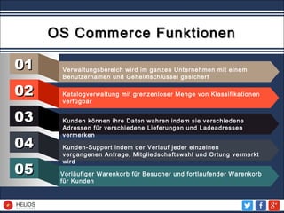 0101
0202
0303
0404
0505
Verwaltungsbereich wird im ganzen Unternehmen mit einem
Benutzernamen und Geheimschlüssel gesichert
Katalogverwaltung mit grenzenloser Menge von Klassifikationen
verfügbar
Kunden können ihre Daten wahren indem sie verschiedene
Adressen für verschiedene Lieferungen und Ladeadressen
vermerken
Kunden-Support indem der Verlauf jeder einzelnen
vergangenen Anfrage, Mitgliedschaftswahl und Ortung vermerkt
wird
Vorläufiger Warenkorb für Besucher und fortlaufender Warenkorb
für Kunden
OS Commerce FunktionenOS Commerce Funktionen
 
