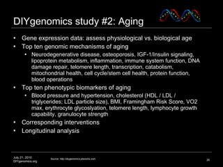 DIYgenomics study #2: Aging Gene expression data: assess physiological vs. biological age  Top ten genomic mechanisms of aging  Neurodegenerative disease, osteoporosis, IGF-1/Insulin signaling, lipoprotein metabolism, inflammation, immune system function, DNA damage repair, telomere length, transcription, catabolism, mitochondrial health, cell cycle/stem cell health, protein function, blood operations  Top ten phenotypic biomarkers of aging Blood pressure and hypertension, cholesterol (HDL / LDL / triglycerides; LDL particle size), BMI, Framingham Risk Score, VO2 max, erythrocyte glycoslyation, telomere length, lymphocyte growth capability, granulocyte strength  Corresponding interventions Longitudinal analysis July 21, 2010 DIYgenomics.org Image credit: http://reisearch.net/biotech_page/dna_horizontal.gif Source: http://diygenomics.pbworks.com 