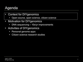 Agenda Context for DIYgenomics  Open source, open science, citizen science Motivation for DIYgenomics  DNA sequencing – 10x/yr improvements Activities of DIYgenomics Personal genome apps Citizen science research studies July 21, 2010 DIYgenomics.org 