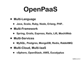 OpenPaaS
•   Multi-Language
    •   Java, Scala, Ruby, Node, Erlang, PHP..

•   Multi-Framework
    •   Spring, Grails, Ex...