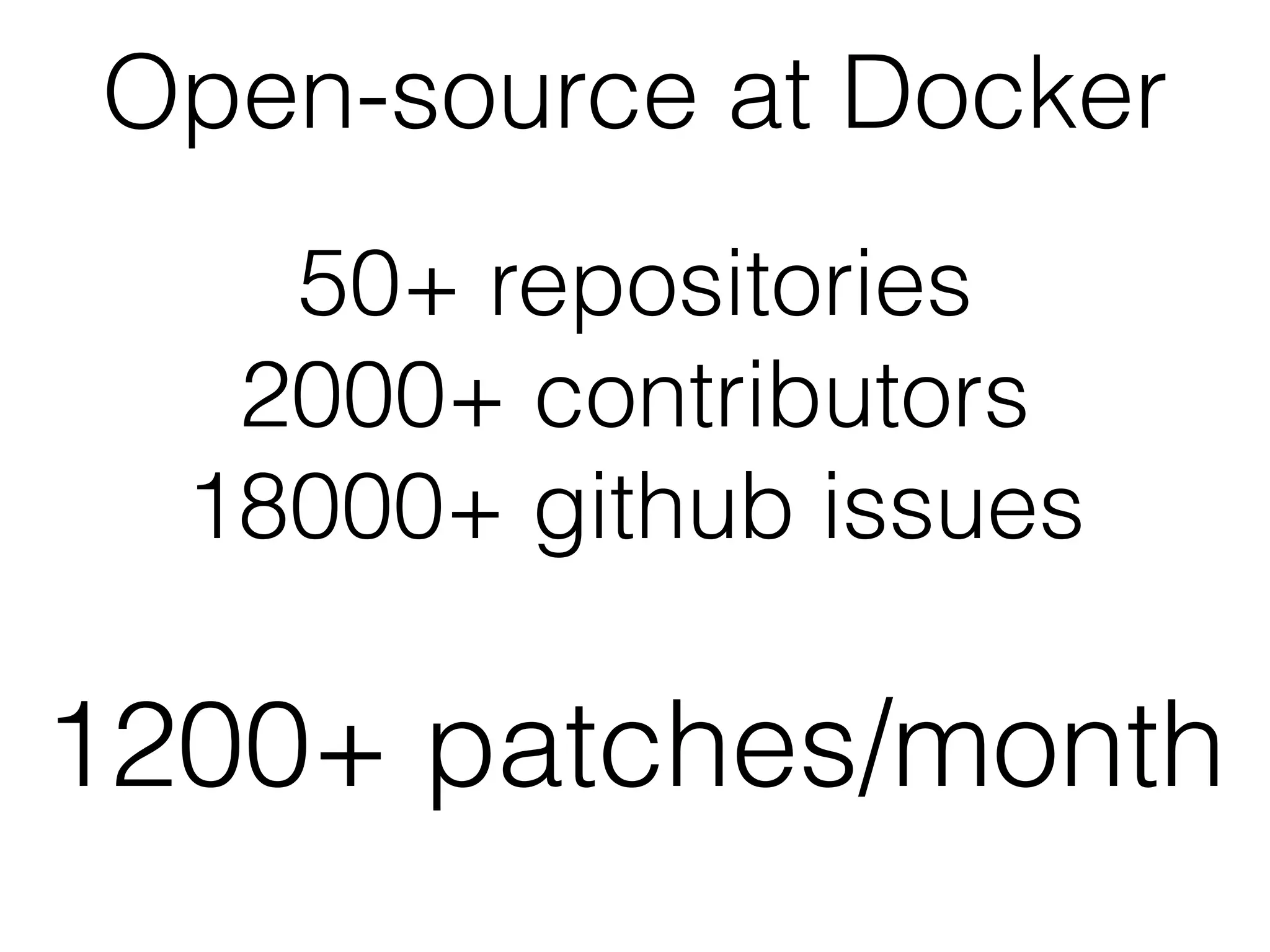 Open-source at Docker
50+ repositories
2000+ contributors
18000+ github issues
1200+ patches/month
 