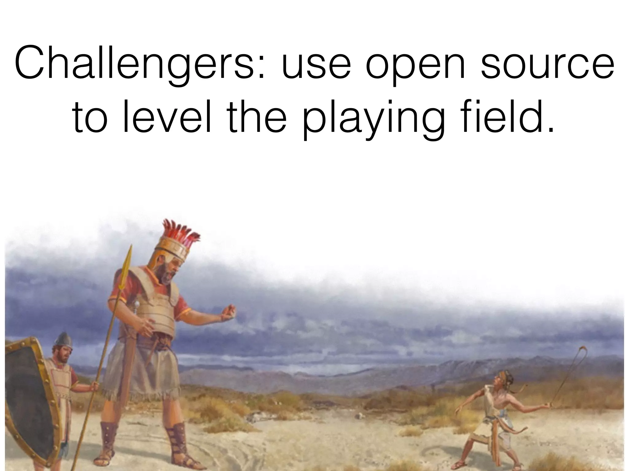 Challengers: use open source
to level the playing ﬁeld.
 