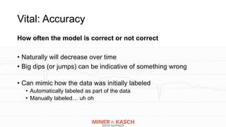 Vital: Accuracy
How often the model is correct or not correct
• Naturally will decrease over time
• Big dips (or jumps) ca...