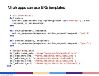 Mirah apps can use ERb templates




Saturday, July 24, 2010
 