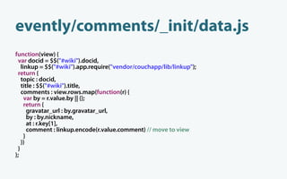 evently/comments/_init/data.js
function(view) {
 var docid = $$("#wiki").docid,
   linkup = $$("#wiki").app.require("vendor/couchapp/lib/linkup");
 return {
   topic : docid,
   title : $$("#wiki").title,
   comments : view.rows.map(function(r) {
     var by = r.value.by || {};
     return {
       gravatar_url : by.gravatar_url,
       by : by.nickname,
       at : r.key[1],
       comment : linkup.encode(r.value.comment) // move to view
     }
   })
 }
};
 