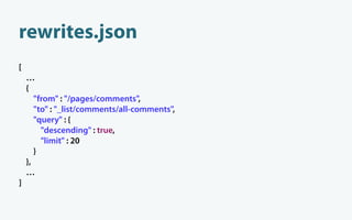 rewrites.json
[
    …
    {
       "from" : "/pages/comments",
       "to" : "_list/comments/all-comments",
       "query" : {
         "descending" : true,
         "limit" : 20
       }
    },
    …
]
 