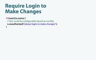 Require Login to
Make Changes
if (!userCtx.name) {
  // this could be con gurable based on secObj
  v.unauthorized("please login to make changes");
}
 