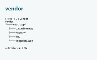 vendor
$ tree -FL 2 vendor
vendor
       couchapp/
         _attachments/
         evently/
         lib/
         metadata.json


4 directories, 1 ﬁle
 