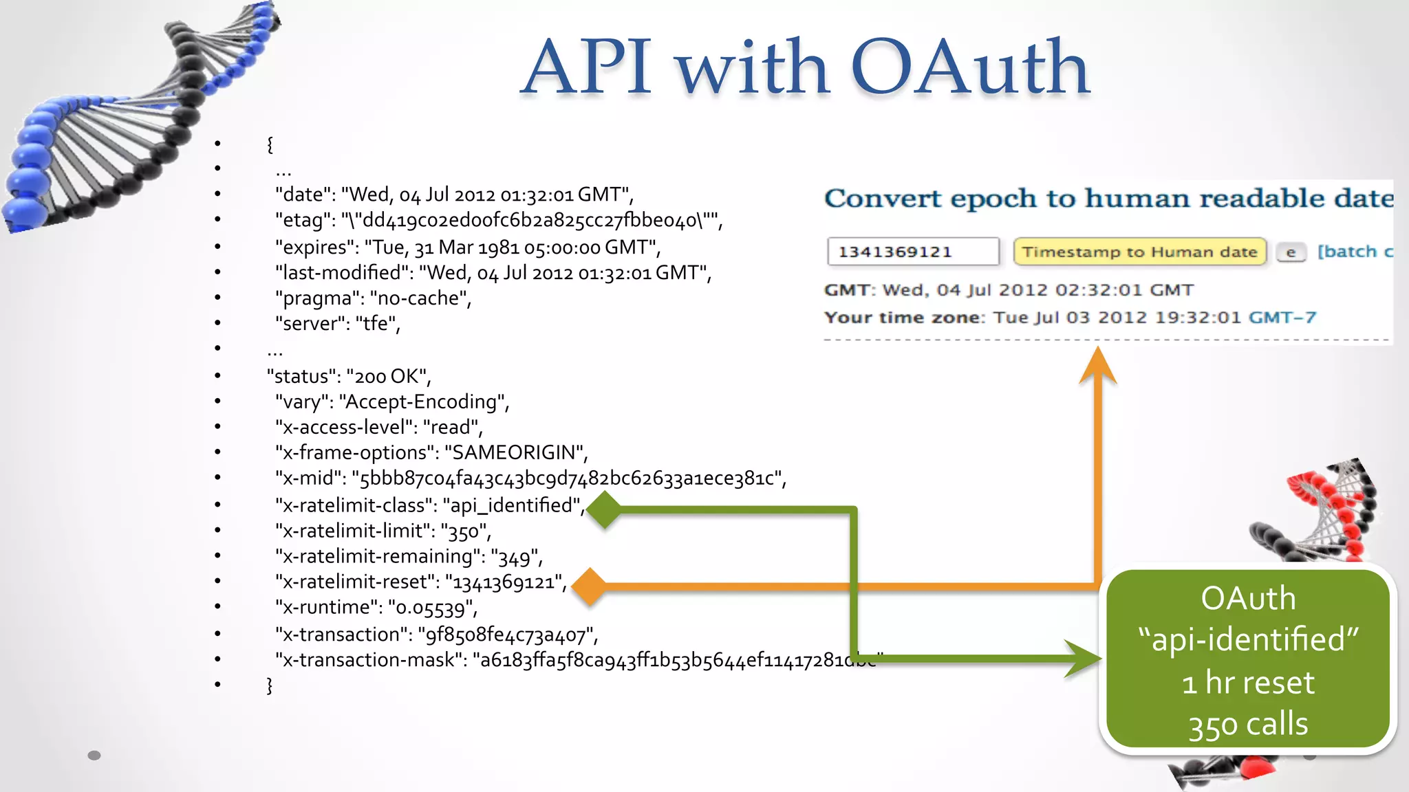 API  with  OAuth	
•    {	
  
•    	
  	
  …	
  
•    	
  	
  "date":	
  "Wed,	
  04	
  Jul	
  2012	
  01:32:01	
  GMT",	
  	
  
•    	
  	
  "etag":	
  ""dd419c02ed00fc6b2a825cc27wbe040"",	
  	
  
•    	
  	
  "expires":	
  "Tue,	
  31	
  Mar	
  1981	
  05:00:00	
  GMT",	
  	
  
•    	
  	
  "last-­‐modiﬁed":	
  "Wed,	
  04	
  Jul	
  2012	
  01:32:01	
  GMT",	
  	
  
•    	
  	
  "pragma":	
  "no-­‐cache",	
  	
  
•    	
  	
  "server":	
  "tfe",	
  	
  
•    …	
  
•    "status":	
  "200	
  OK",	
  	
  
•    	
  	
  "vary":	
  "Accept-­‐Encoding",	
  	
  
•    	
  	
  "x-­‐access-­‐level":	
  "read",	
  	
  
•    	
  	
  "x-­‐frame-­‐options":	
  "SAMEORIGIN",	
  	
  
•    	
  	
  "x-­‐mid":	
  "5bbb87c04fa43c43bc9d7482bc62633a1ece381c",	
  	
  
•    	
  	
  "x-­‐ratelimit-­‐class":	
  "api_identiﬁed",	
  	
  
•    	
  	
  "x-­‐ratelimit-­‐limit":	
  "350",	
  	
  
•    	
  	
  "x-­‐ratelimit-­‐remaining":	
  "349",	
  	
  
•    	
  	
  "x-­‐ratelimit-­‐reset":	
  "1341369121",	
  	
  
•    	
  	
  "x-­‐runtime":	
  "0.05539",	
  	
                                                  OAuth	
  
• 
• 
     	
  	
  "x-­‐transaction":	
  "9f8508fe4c73a407",	
  	
  
     	
  	
  "x-­‐transaction-­‐mask":	
  "a6183ﬀa5f8ca943ﬀ1b53b5644ef11417281dbc"	
  
                                                                                            “api-­‐identiﬁed”	
  
•    }	
                                                                                       1	
  hr	
  reset	
  
                                                                                               350	
  calls	
  
 