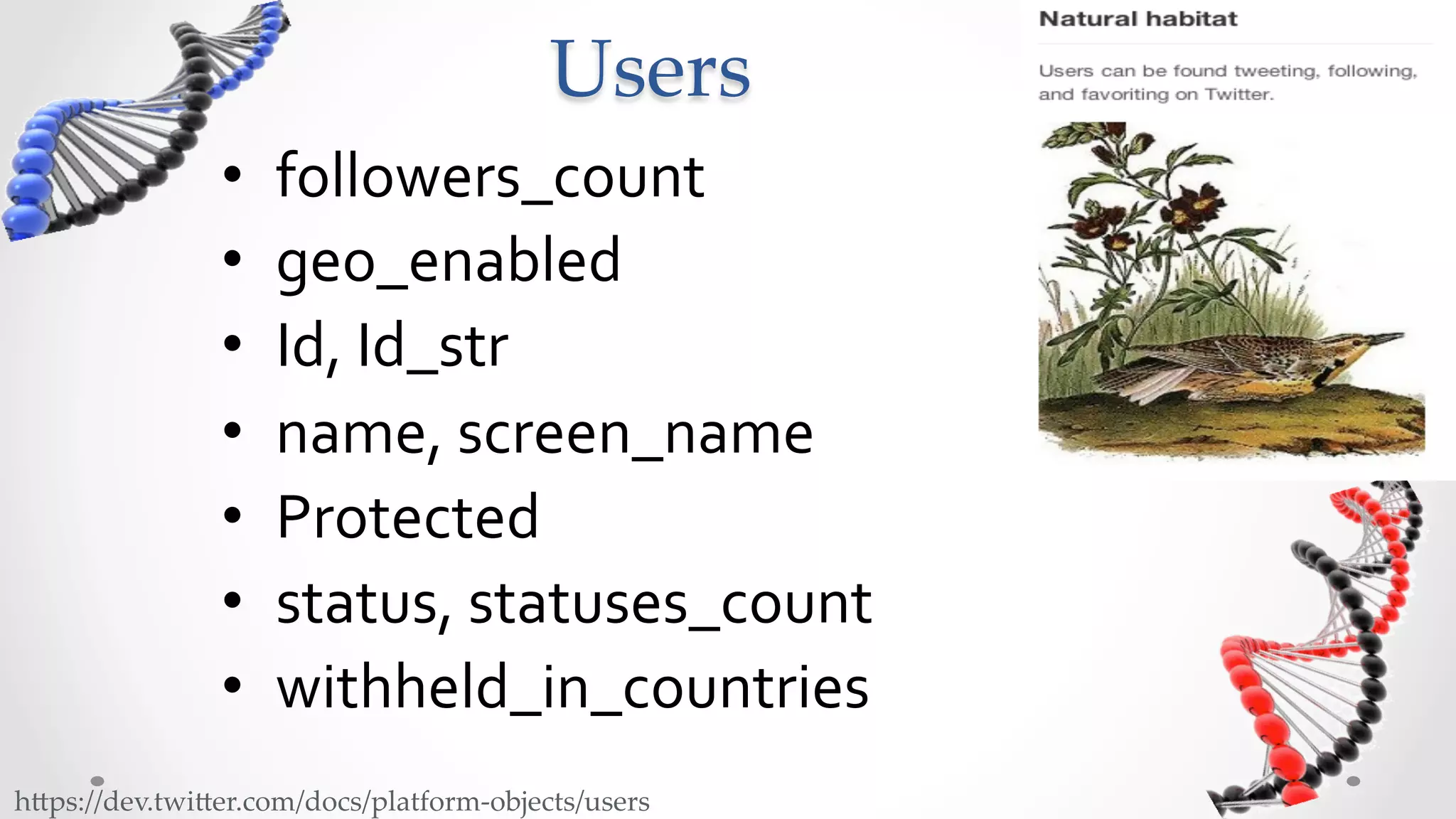 Users	
                •    followers_count	
  
                •    geo_enabled	
  
                •    Id,	
  Id_str	
  
                •    name,	
  screen_name	
  
                •    Protected	
  
                •    status,	
  statuses_count	
  
                •    withheld_in_countries	
  
h5ps://dev.twi5er.com/docs/platform-­‐‑objects/users	
 
