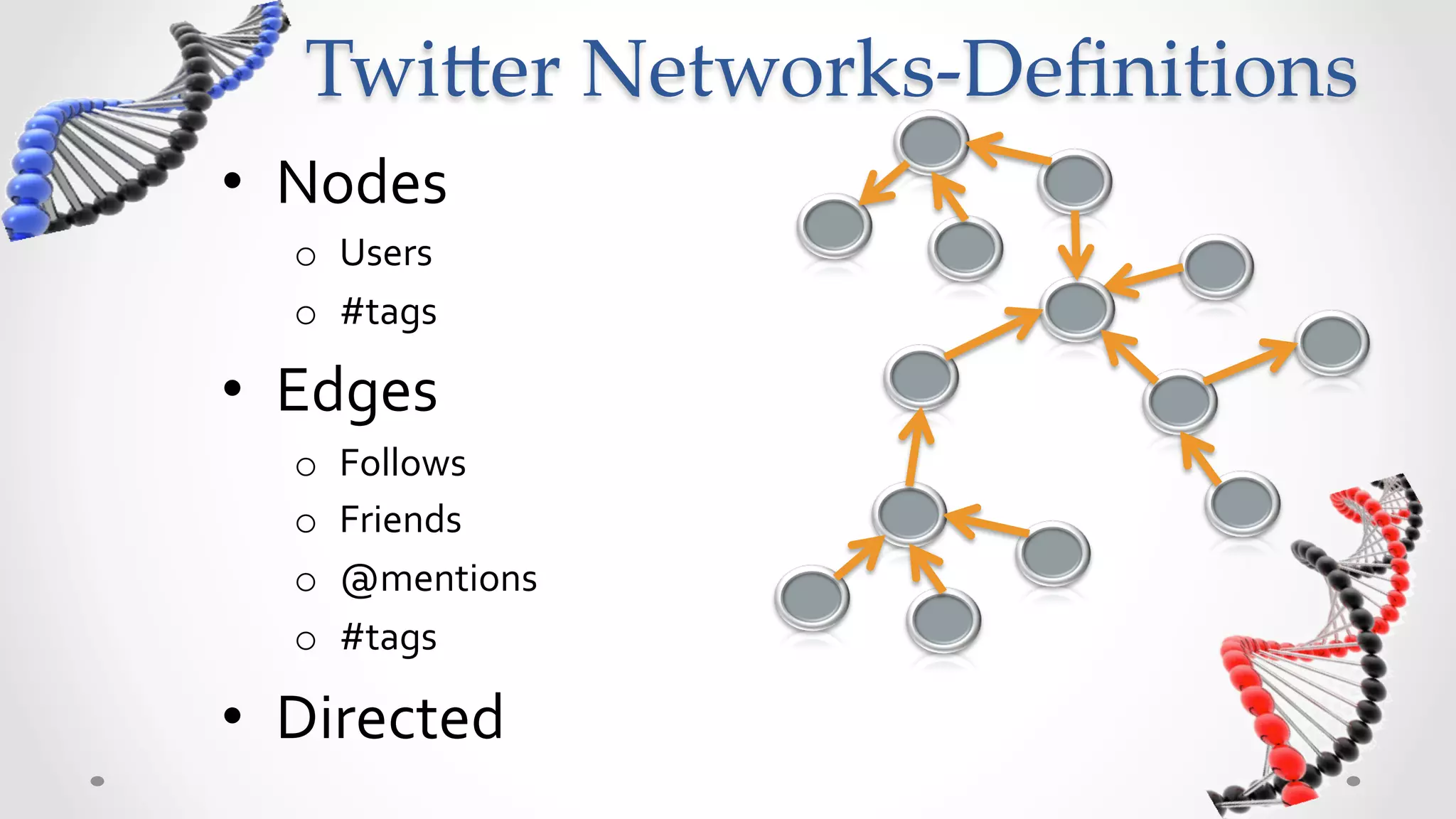 Twi5er  Networks-­‐‑Deﬁnitions	
•  Nodes	
  
   o  Users	
  
   o  #tags	
  

•  Edges	
  
   o    Follows	
  
   o    Friends	
  
   o    @mentions	
  
   o    #tags	
  

•  Directed	
  
 