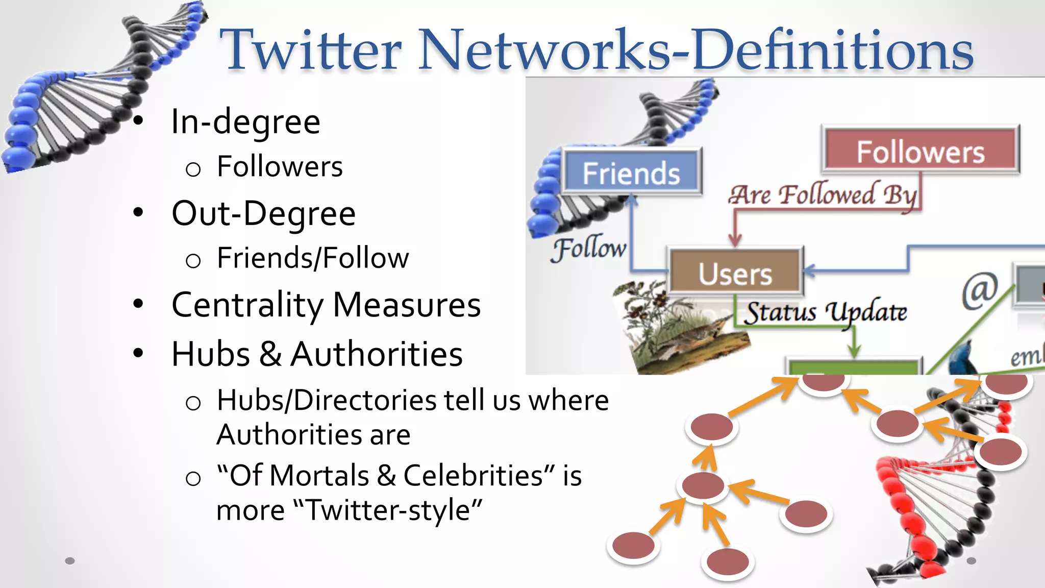 Twi5er  Networks-­‐‑Deﬁnitions	
•  In-­‐degree	
  
    o  Followers	
  
•  Out-­‐Degree	
  
    o  Friends/Follow	
  
•  Centrality	
  Measures	
  
•  Hubs	
  &	
  Authorities	
  
    o  Hubs/Directories	
  tell	
  us	
  where	
  
       Authorities	
  are	
  
    o  “Of	
  Mortals	
  &	
  Celebrities”	
  is	
  
       more	
  “Twitter-­‐style”	
  
 