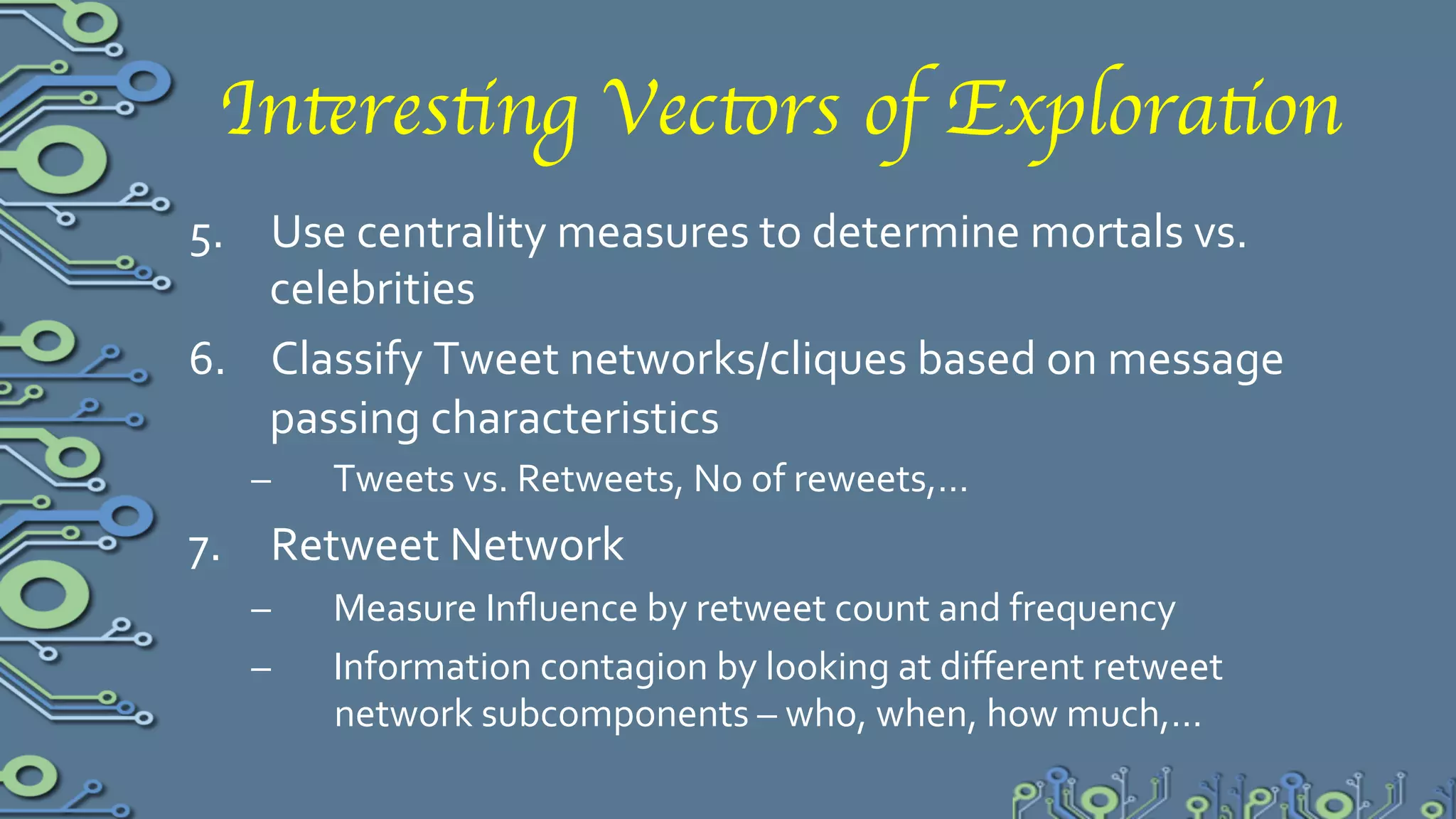 Interesting Vectors of Exploration	

5.  Use	
  centrality	
  measures	
  to	
  determine	
  mortals	
  vs.	
  
    celebrities	
  
6.  Classify	
  Tweet	
  networks/cliques	
  based	
  on	
  message	
  
    passing	
  characteristics	
  
    –    Tweets	
  vs.	
  Retweets,	
  No	
  of	
  reweets,…	
  
7.  Retweet	
  Network	
  
    –    Measure	
  Inﬂuence	
  by	
  retweet	
  count	
  &	
  frequency	
  
    –    Information	
  contagion	
  by	
  looking	
  at	
  diﬀerent	
  retweet	
  
         network	
  subcomponents	
  –	
  who,	
  when,	
  how	
  much,…	
  
 