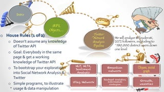 Intro	



                                           API,
                                          Objects,…	

o  House	
  Rules	
  (1	
  of	
  2)	
                                    Twitter
                                                                         Network           We will analyze @clouderati,
       o  Doesn’t	
  assume	
  any	
  knowledge	
                        Analysis          2072 followers, exploding to
          of	
  Twitter	
  API	
                                         Pipeline	

       ~980,000 distinct users down
                                                                                           one level
       o  Goal:	
  Everybody	
  in	
  the	
  same	
  
          page	
  &	
  get	
  a	
  working	
  
          knowledge	
  of	
  Twitter	
  API	
  
                                                            NLP, NLTK,
       o  To	
  bootstrap	
  your	
  exploration	
                                     @mention           Cliques, social
                                                            Sentiment
                                                                                        network                graph
          into	
  Social	
  Network	
  Analysis	
  &	
       Analysis

          Twitter	
  	
                                                           Rewteeet analytics,
                                                                                                           Growth,
                                                           #tag Network              Information
       o  Simple	
  programs,	
  to	
  illustrate	
                                   contagion            weakties
          usage	
  &	
  data	
  manipulation	
  
 