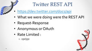 Twi5er  REST  API	
•    https://dev.twitter.com/docs/api	
  
•    What	
  we	
  were	
  doing	
  were	
  the	
  REST	
  API	
  
•    Request-­‐Response	
  
•    Anonymous	
  or	
  OAuth	
  
•    Rate	
  Limited	
  :	
  
      o  150/350	
  
 