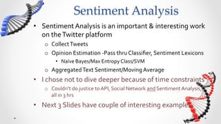 Sentiment  Analysis	
•  Sentiment	
  Analysis	
  is	
  an	
  important	
  &	
  interesting	
  work	
  
   on	
  the	
  Twitter	
  platform	
  
       o  Collect	
  Tweets	
  
       o  Opinion	
  Estimation	
  -­‐Pass	
  thru	
  Classiﬁer,	
  Sentiment	
  Lexicons	
  
             •  Naïve	
  Bayes/Max	
  Entropy	
  Class/SVM	
  
       o  Aggregated	
  Text	
  Sentiment/Moving	
  Average	
  
•  I	
  chose	
  not	
  to	
  dive	
  deeper	
  because	
  of	
  time	
  constraints	
  
       o  Couldn’t	
  do	
  justice	
  to	
  API,	
  Social	
  Network	
  and	
  Sentiment	
  Analysis,	
  
          all	
  in	
  3	
  hrs	
  
•  Next	
  3	
  Slides	
  have	
  couple	
  of	
  interesting	
  examples	
  
	
  
 