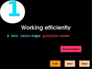 1
          Working efficiently
    $ bzr init­repo project­name


                                 The local project




                         trunk       idea1           idea2
 