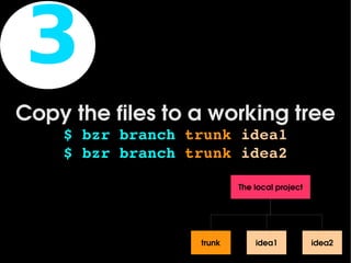 3
Copy the files to a working tree
    $ bzr branch trunk idea1
    $ bzr branch trunk idea2

                           The local project




                   trunk       idea1           idea2
 