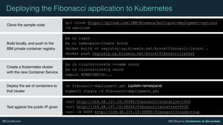 IBM Bluemix Containers vs Serverless@DanielKrook
Deploying the Fibonacci application to Kubernetes
Clone the sample code
c...
