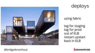 @bridgetkromhout
deploys
using fabric
tag for staging
tag for prod
out of ELB
restart upstart
back in ELB
 