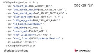 @bridgetkromhout
packer run
$HOME/packer/packer build 
-var "account_id=$AWS_ACCOUNT_ID" 
-var "aws_access_key_id=$AWS_ACCESS_KEY_ID" 
-var "aws_secret_key=$AWS_SECRET_ACCESS_KEY" 
-var "x509_cert_path=$AWS_X509_CERT_PATH" 
-var "x509_key_path=$AWS_X509_KEY_PATH" 
-var "s3_bucket=bucketname" 
-var "ami_name=$AMI_NAME" 
-var "source_ami=$SOURCE_AMI" 
-var "chef_validation=$CHEF_VAL" 
-var "chef_client=$HOME/packer/client.rb" 
-only=amazon-instance 
$HOME/packer/prod.json
 