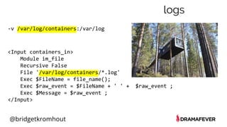 @bridgetkromhout
logs
-v /var/log/containers:/var/log
<Input containers_in>
Module im_file
Recursive False
File '/var/log/containers/*.log'
Exec $FileName = file_name();
Exec $raw_event = $FileName + ' ' + $raw_event ;
Exec $Message = $raw_event ;
</Input>
 