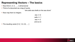 Representing Vectors – The basics Now think 3, 4, 5, ….. n-dimensional Think of a document as a bag of words. “ she sells sea shells on the sea shore” Now map them to integers she => 0 sells => 1 sea => 2 and so on The resulting vector [1.0, 1.0, 2.0, … ] 