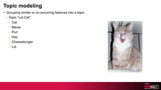 Topic modeling Grouping similar or co-occurring features into a topic Topic “Lol Cat”: Cat Meow Purr Haz Cheeseburger Lol 