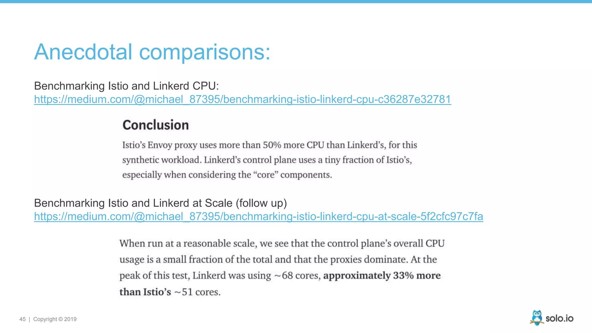 45 | Copyright © 2019
Anecdotal comparisons:
Benchmarking Istio and Linkerd CPU:
https://medium.com/@michael_87395/benchmarking-istio-linkerd-cpu-c36287e32781
Benchmarking Istio and Linkerd at Scale (follow up)
https://medium.com/@michael_87395/benchmarking-istio-linkerd-cpu-at-scale-5f2cfc97c7fa
 