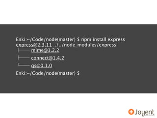 Enki:~/Code/node(master) $ npm install express
express@2.3.11 ../../node_modules/express
       mime@1.2.2
      connect@1.4.2
      qs@0.1.0
Enki:~/Code/node(master) $
 