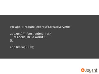 var app = require('express').createServer();

app.get('/', function(req, res){
    res.send('hello world');
});

app.listen(3000);
 