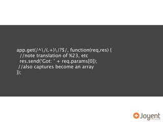 app.get(/^/(.+)/?$/, function(req,res) {
  //note translation of %23, etc
  res.send(‘Got: ’ + req.params[0]);
 //also captures become an array
});
 